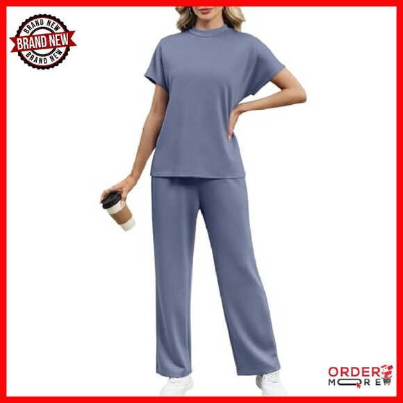 Women's Mock Neck Lounge Set Wide Leg Tracksuit 2-Piece S-3XL - Picture 3 of 8